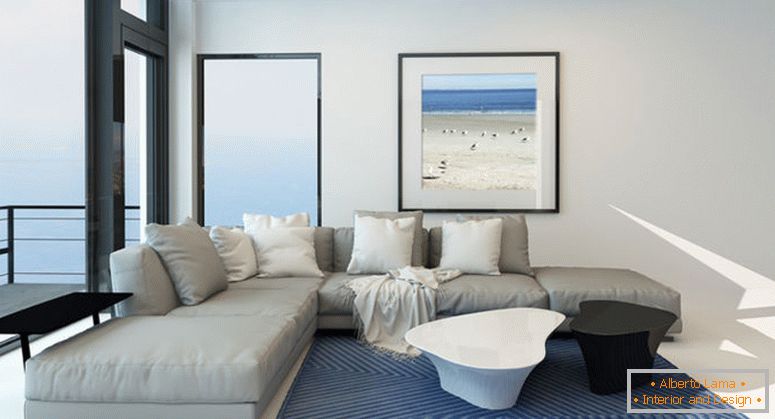Sufragerie modernă pe malul apei, cu un interior luminos, aerisit, cu o suită confortabilă și confortabilă modernă, artă pe perete și o fereastră panoramică mare de-a lungul unui perete cu vedere la ocean