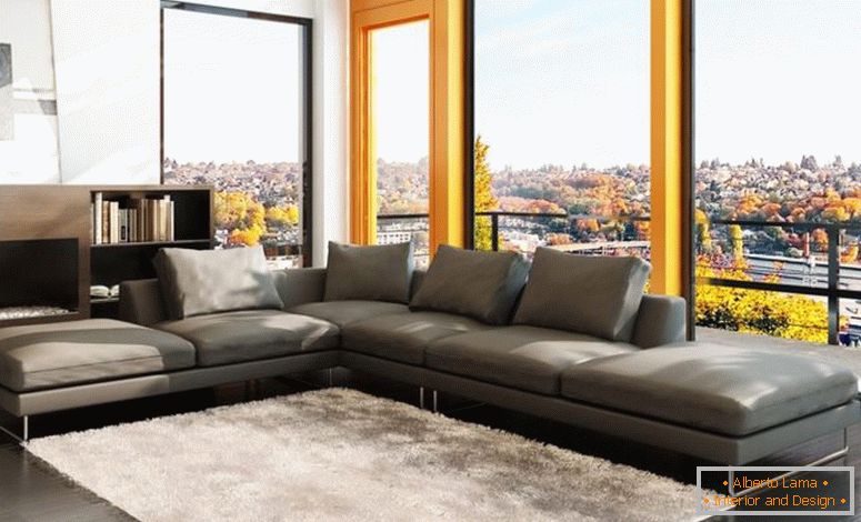 eleganță-frumos-gri-canapea-design-in-stil modern-living-room-ca-bine-wide-sticla-geam-plus-balcon-in-apropiere-și-alb-fur-preșul-on- dark-lemn-podea și-lemn-raft de cărți