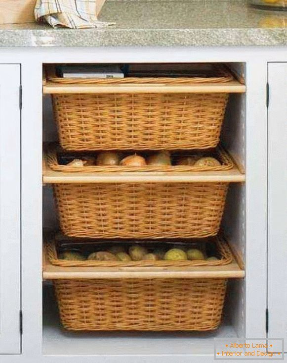 Depozitarea legumelor și fructelor în bucătărie în coșuri