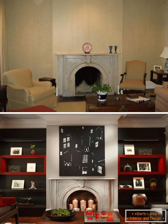 Designul camerei de zi cu șemineu înainte și după