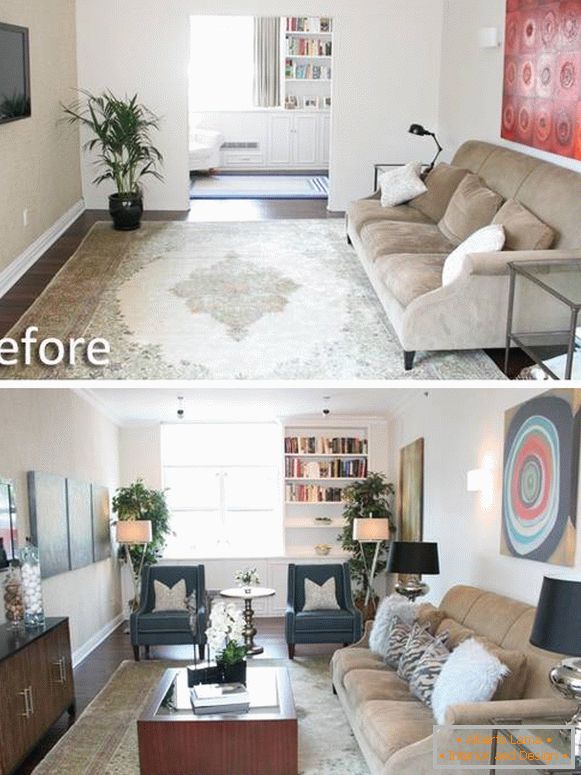 Fotografie din camera de zi într-o casă privată înainte și după