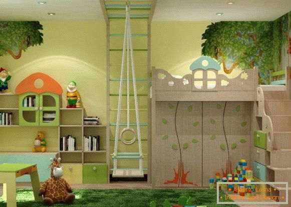 interior cu o temă naturală a unei camere pentru copii pentru o fată de 3 ani