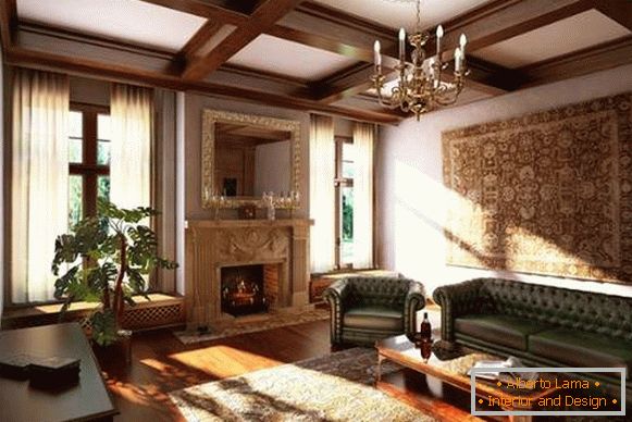 Interiorul livingului cu șemineu într-o casă privată - stil clasic