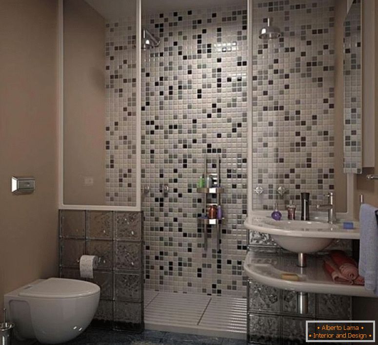 uluitoare-moderne-mici-baie idei cu-gri-mozaic-țiglă-deschis dus-perete-design-idei