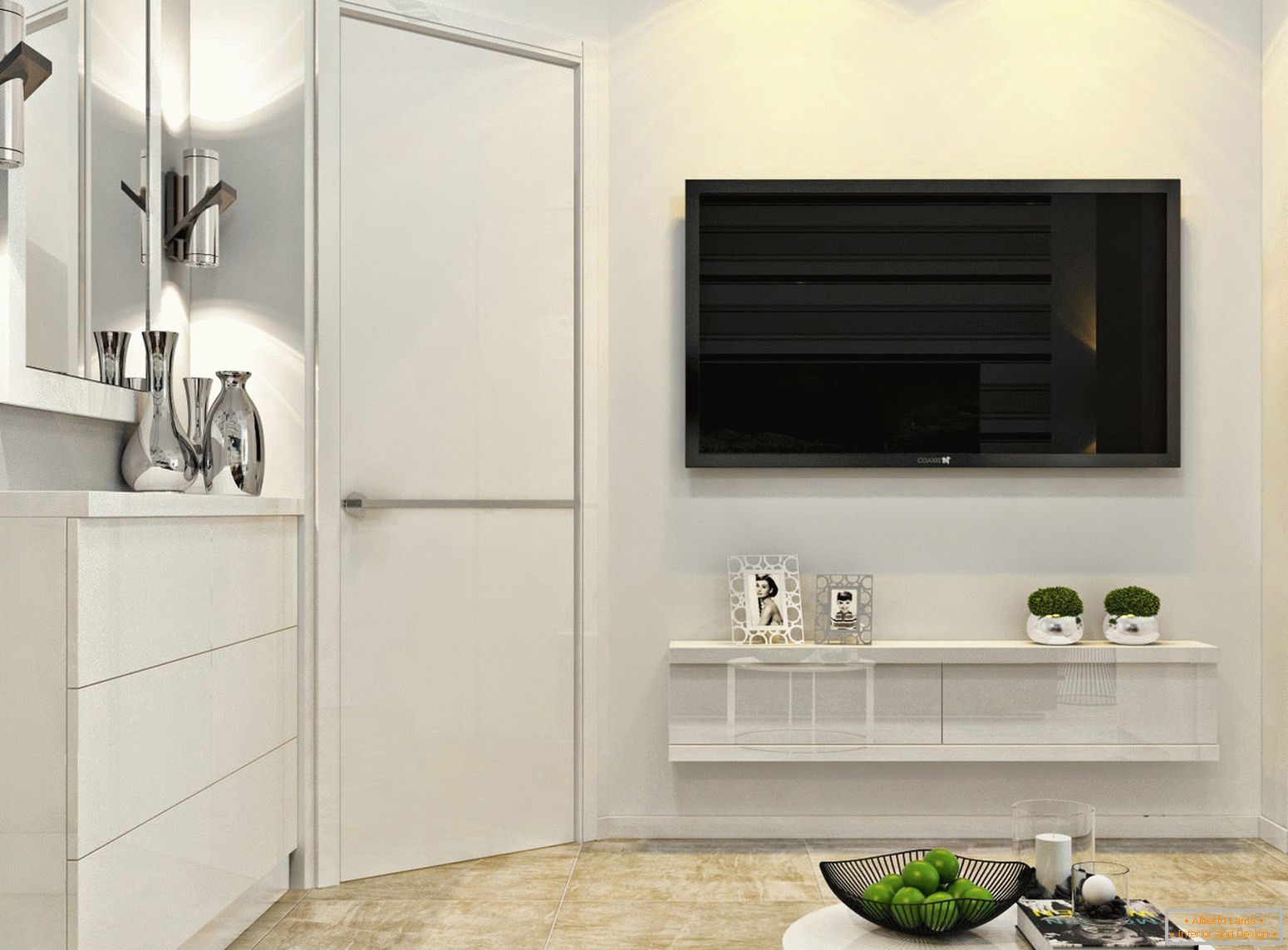 TV pe perete în interiorul minimalismului alb