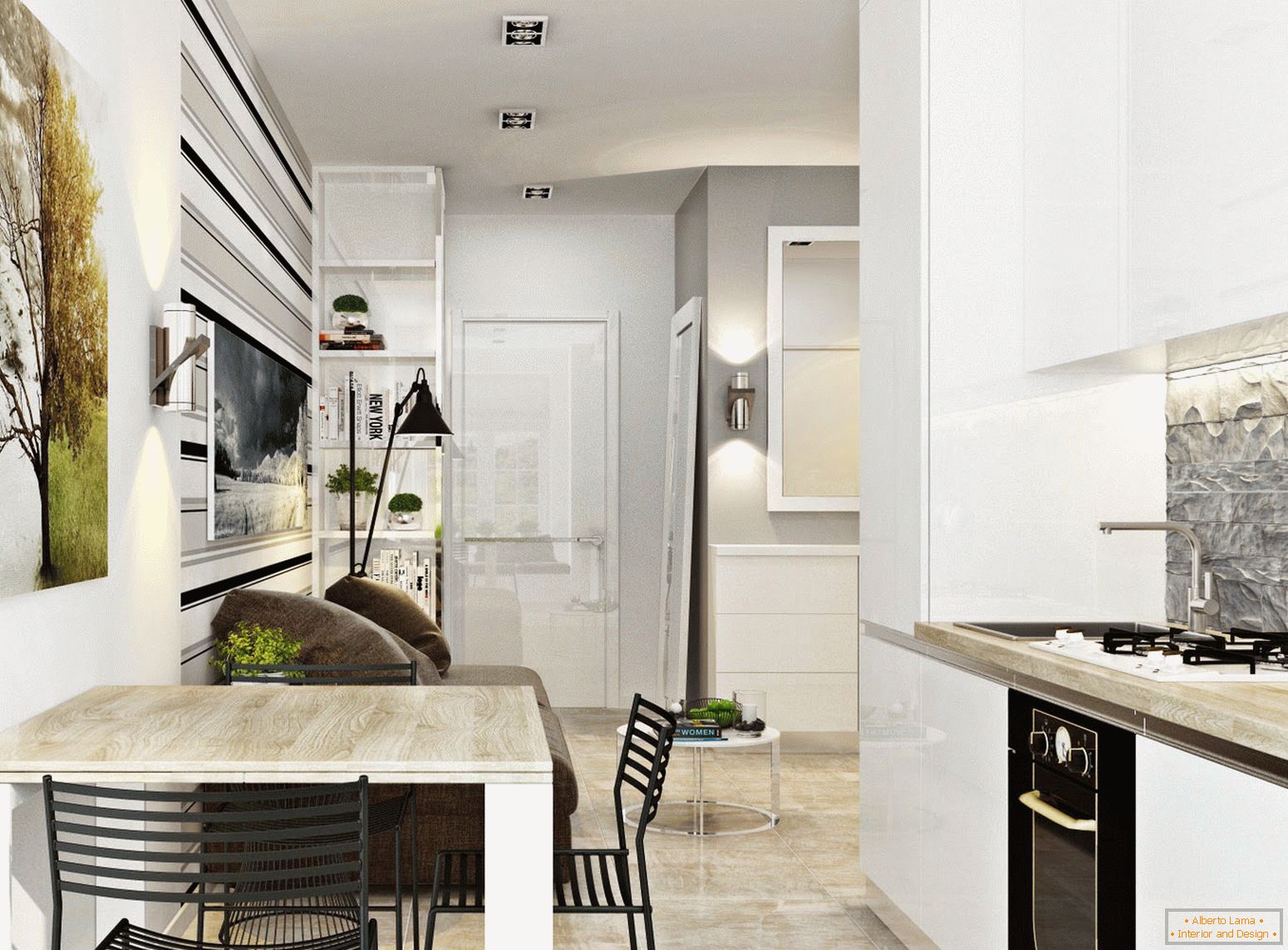 Interiorul bucătăriei și a mesei în stilul minimalismului alb