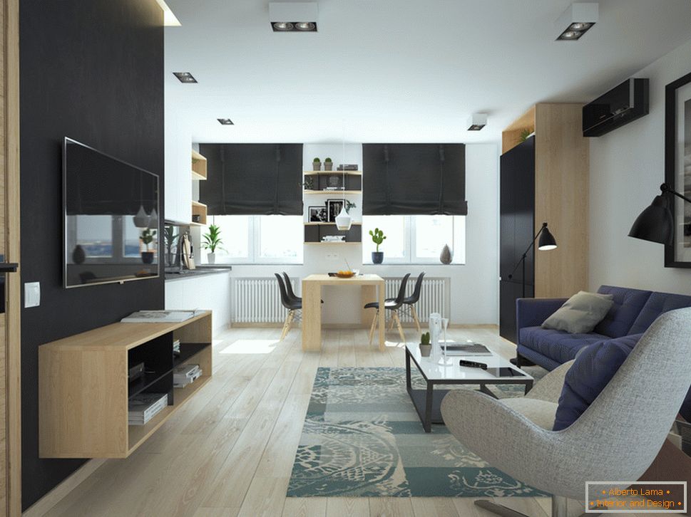 Interiorul unui apartament mic în culori contrastante - гостиная и столовая