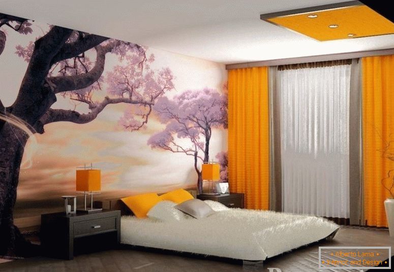 Imagini de fundal cu sakura și perdele de portocale în dormitor