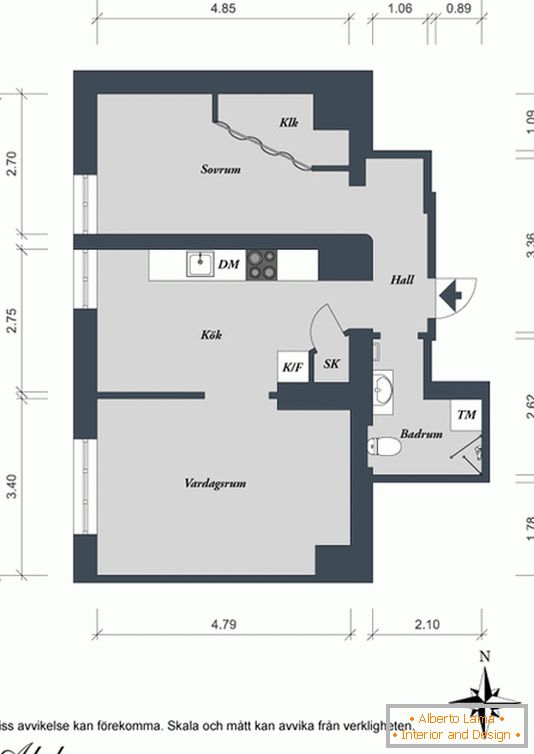 Planul unui apartament cu un dormitor în Suedia