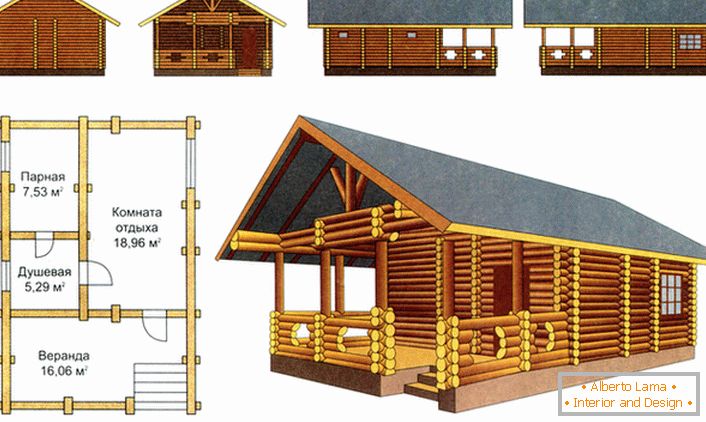 Un proiect interesant al unei cabine din lemn cu o pergolă sub un singur acoperiș.