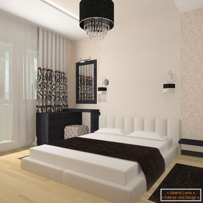 Un exemplu excelent al faptului că designul dormitorului în stil Art Nouveau nu ar trebui să fie greoi și supraîncărcat cu lucruri mici. O cameră spațioasă, cu un număr minim de elemente decorative, arată demnă într-o formă completă.