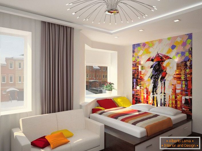 Design creativ al dormitorului în stil Art Nouveau. Folosirea culorilor luminoase suculente face camera chiar confortabilă și caldă.