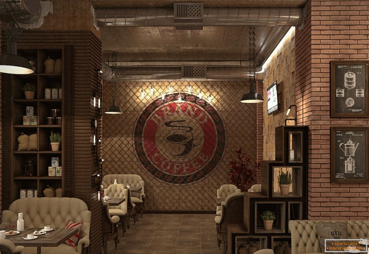 Cafenea de interior în stil loft в кирпичном цвете