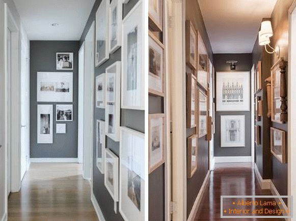Proiectarea unui coridor îngust în apartament cu fotografii și picturi pe pereți