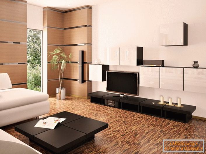 Camera modernă elegantă, în culoarea albă și bej deschis, este decorată cu mobilier din lemn de culoare închisă.