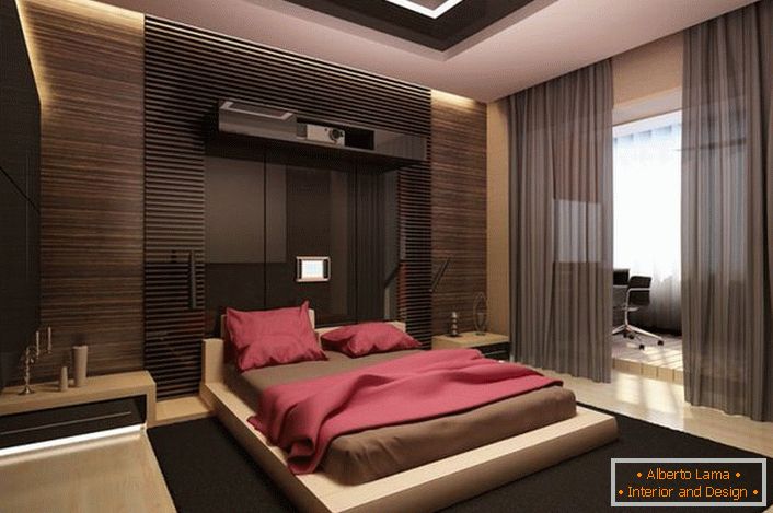 Un dormitor spațios în stilul minimalismului. Decizie de design bold.