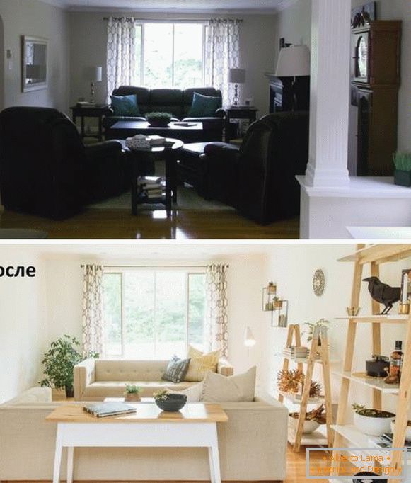 Aranjarea mobilierului în camera de zi înainte și după schimbare