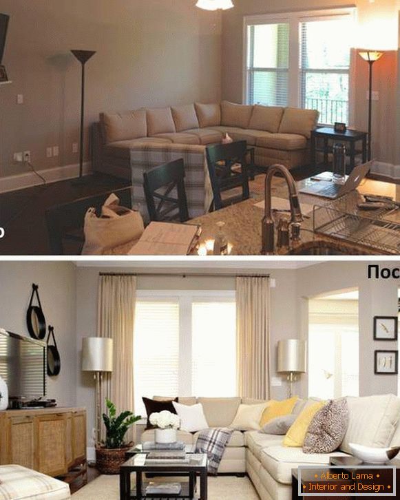 Variante de amenajare a mobilierului într-o cameră de desen pe o fotografie înainte și după