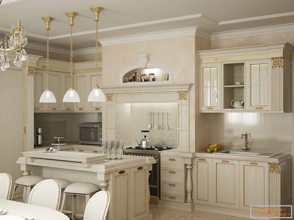 Bucătărie albă cu decorațiuni de fațadă aurite