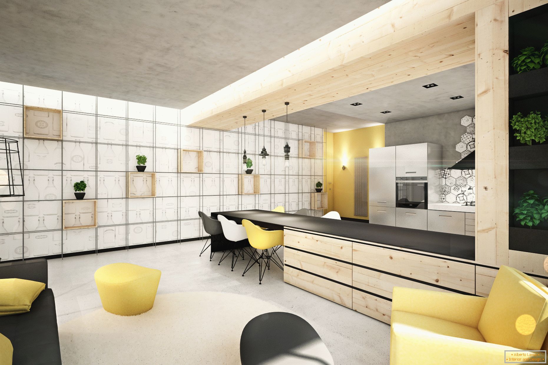 Interiorul unui mic apartament cu accente galbene și negre