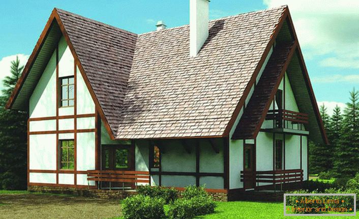 Fațada clădirii casei este decorată în conformitate cu cerințele stilului scandinav. Contrastul de lemn devine o caracteristică notabilă a stilului. 