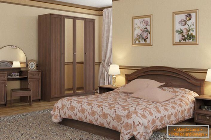 Interiorul esențial al dormitorului în stil Art Nouveau este evidențiat de mobilierul modular ales în mod corespunzător.