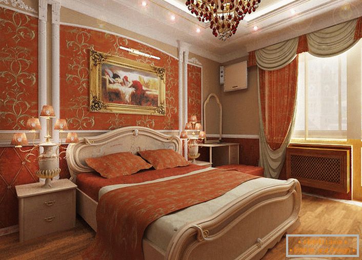 Dormitor în stil Empire pentru o tânără doamnă. O culoare coral strălucitoare, în combinație cu un model de aur, face designul exclusiv și elegant.