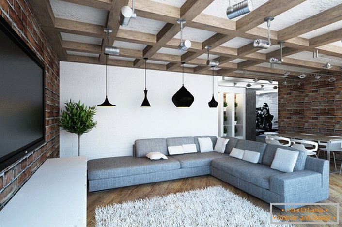 Cameră confortabilă, luminoasă, în stil loft. Combinație armonioasă între zidurile de zidărie și grinzile masive. 
