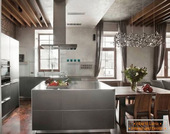 Interiorul bucătăriei în stil loft - fotografii în culori gri și maro