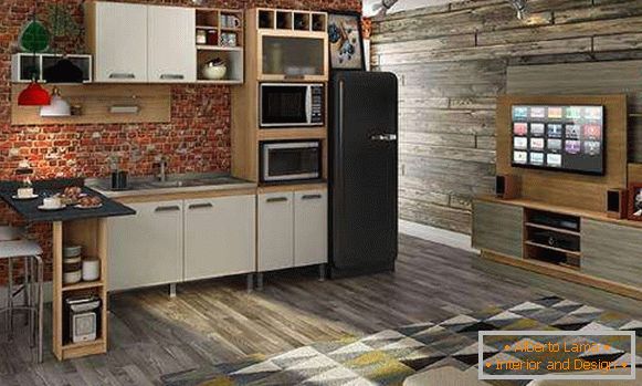 Bucătărie cameră de zi în stil loft - fotografie în design apartament studio