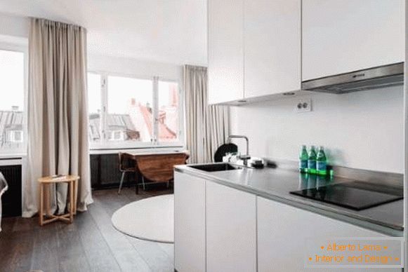 Designul bucătăriei într-un mic apartament studio - fotografie minimalistă