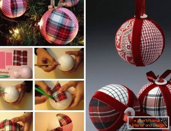 Articol artizanal manual - o minge de Crăciun realizată din țesătură și panglici