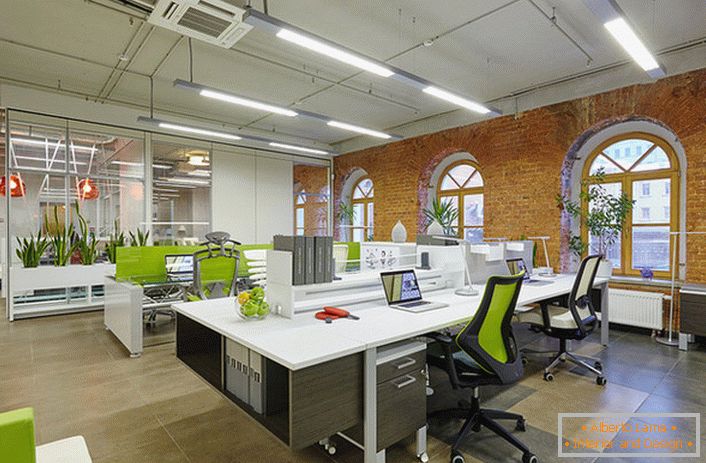 Pentru a crea un birou în stil loft, se folosește o mulțime de verdeață plină de viață, care face camera confortabilă și ajustează angajații într-o stare de lucru. 