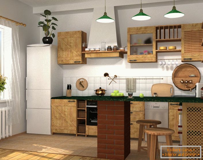 Proiect de proiectare pentru o bucătărie mică într-un apartament oraș sau o casă privată. 