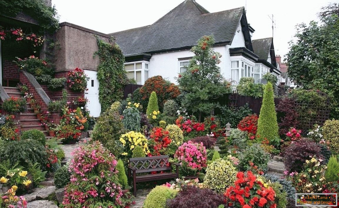 Grădină frontală în fața casei într-un stil romantic