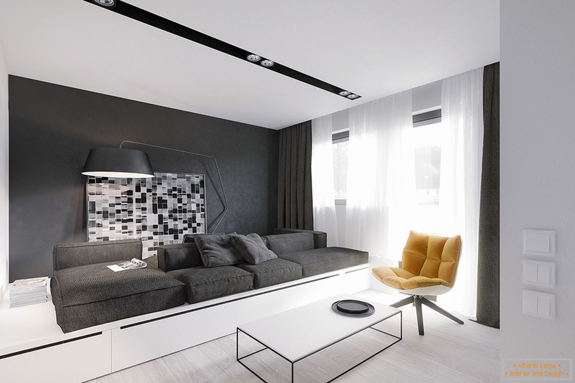 Interiorul unui apartament mic în alb și negru
