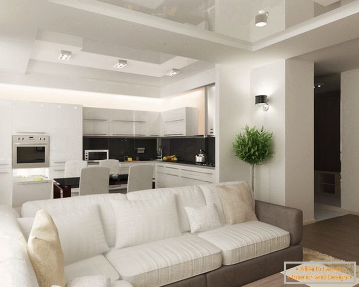 Combinația dintre bucătărie și camera de zi este considerată o soluție eficientă în condițiile unui spațiu insuficient. 