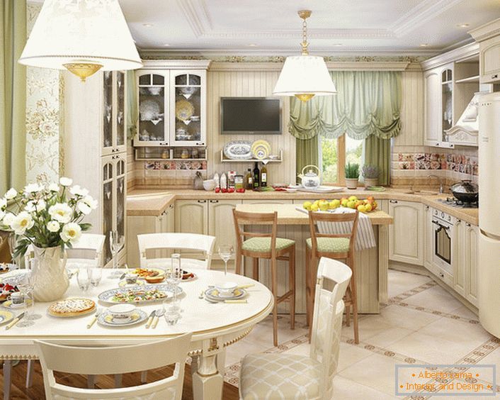 Bucătăria, organizată în stilul țării, este combinată cu sufrageria. Aranjamentul corect al accentelor luminoase și decorative face ca camera să fie atractivă și rafinată.