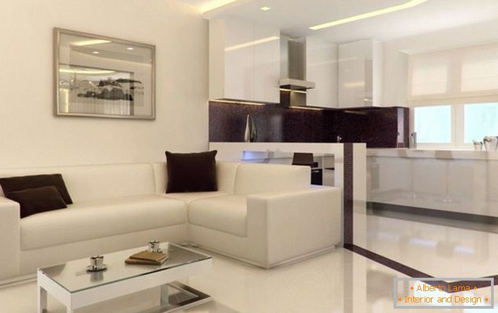 Apartament în stil minimalist este spațios și luminos. Elementele decorative inutile ale interiorului nu suprasolicite interiorul.