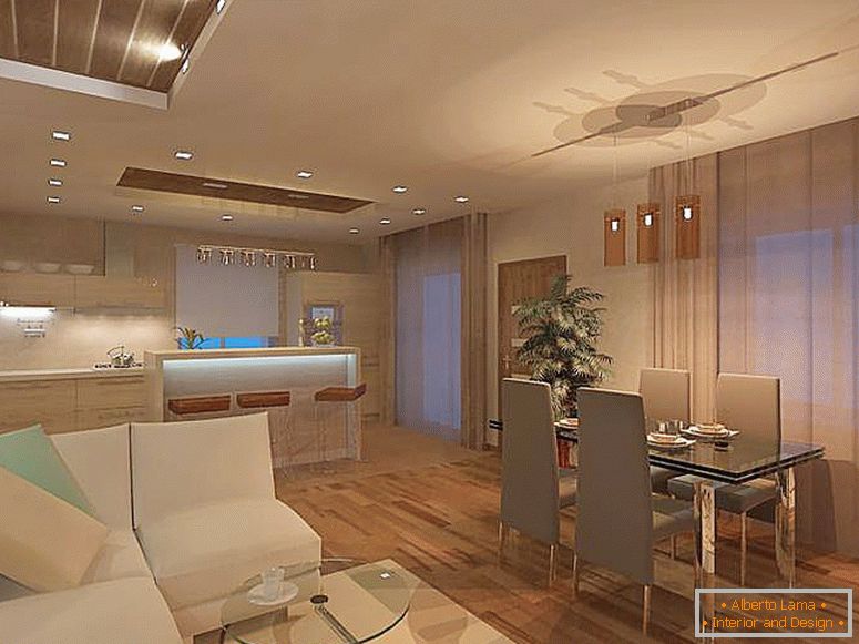 Camera de zi minimalistă este combinată cu bucătăria. Pentru stilul minimalist, folosirea candelabrelor de tavan nu este tipică, cea mai bună opțiune este iluminarea cu LED-uri.