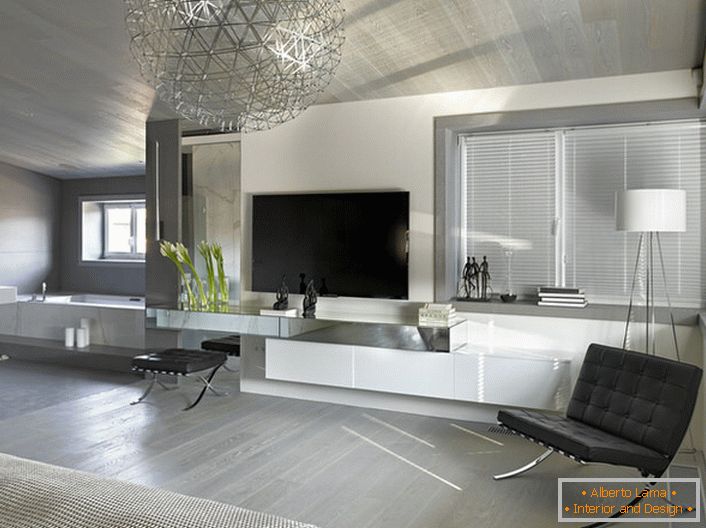 O caracteristică caracteristică a stilului minimalist este utilizarea unui material unic pentru tapițarea mobilierului și a elementelor cromate din metal.