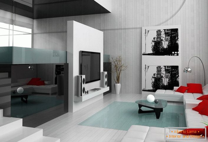 Stilul de minimalism îi place contrastele. Interiorul alb este diluat cu accente stralucitoare. Aceeași formă de pernă patrată - un decor excelent pentru camera de oaspeți, ceea ce îl face mai confortabil.