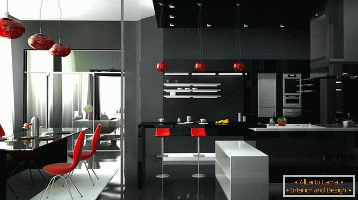 Cameră elegantă de studio cu mobilier original de înaltă tehnologie. Culoarea roșie arată întotdeauna pe fundalul alb-negru al interiorului.