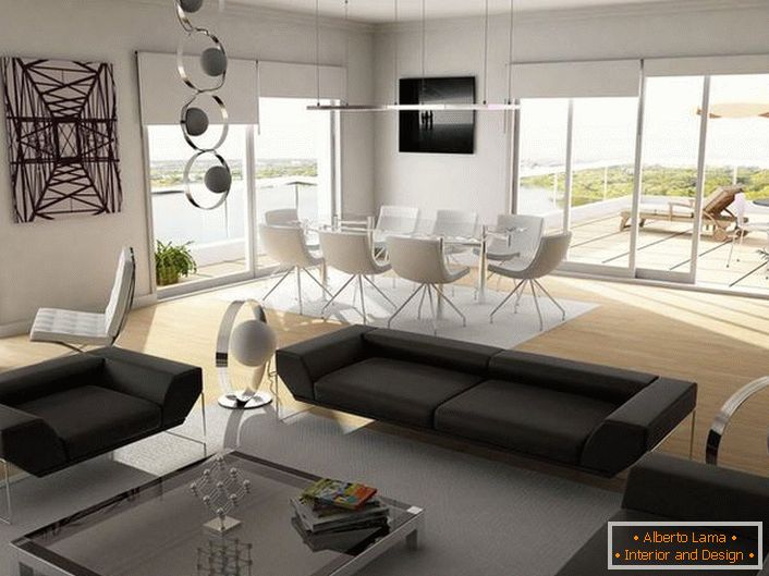 Interiorul decorat cu gust din livingul spațios în stil high-tech atrage linii laconice și percepție ușoară.