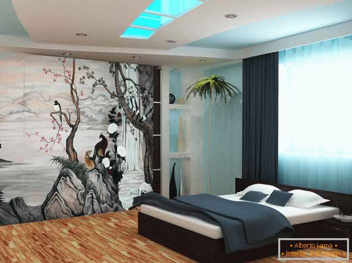 Pentru a decora pereții dormitorului în stilul minimalismului japonez, sa folosit tapetul cu imprimare foto. Desenul tematic face compoziția originală și completă.