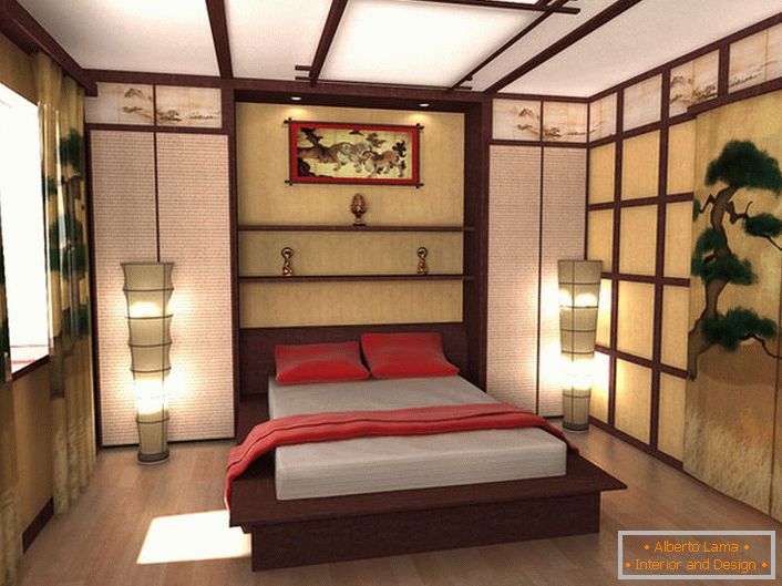 Proiectul de design al unui dormitor în stilul minimalismului japonez este opera unui absolvent al unei universități din Moscova. O combinație competentă a tuturor detaliilor compoziției face ca dormitorul să fie elegant și oriental în rafinament.
