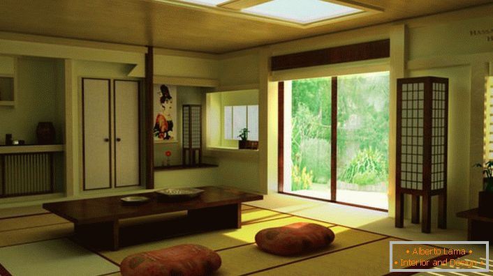 Despre prezența minimalismului japonez în camera de zi într-o casă de țară spune mobilierul potrivit. O masă joasă este ideală pentru consumul de ceai acasă. 