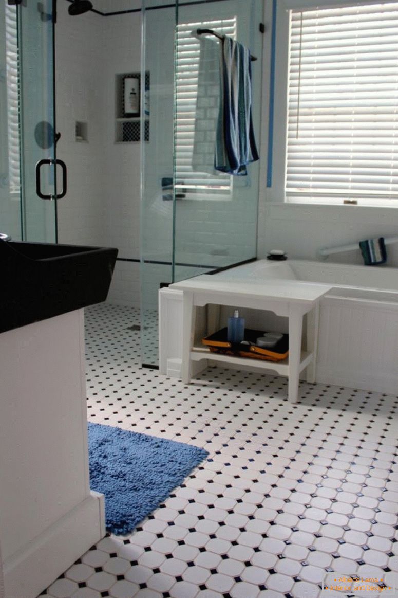 baie-fantezie-alb-baie-decorare-proiectare-idei-cu-negru-și-alb-țiglă-baie-podea, împreună cu-pătrat-sticlă dus-o cameră și alb-țiglă-baie-perete tile-modele adorabil vintage-baie-