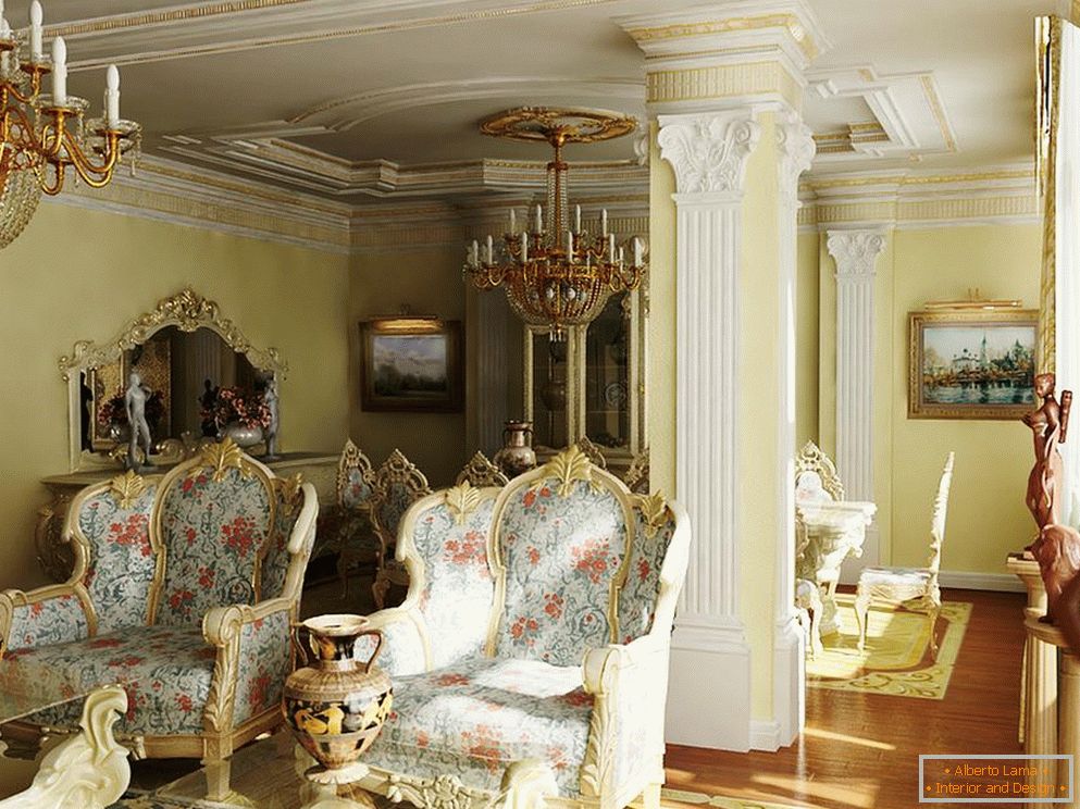 Stilul baroc luxos, plin de lux, pentru o cameră de oaspeți. Exemplul corect de iluminare pentru stilul baroc.