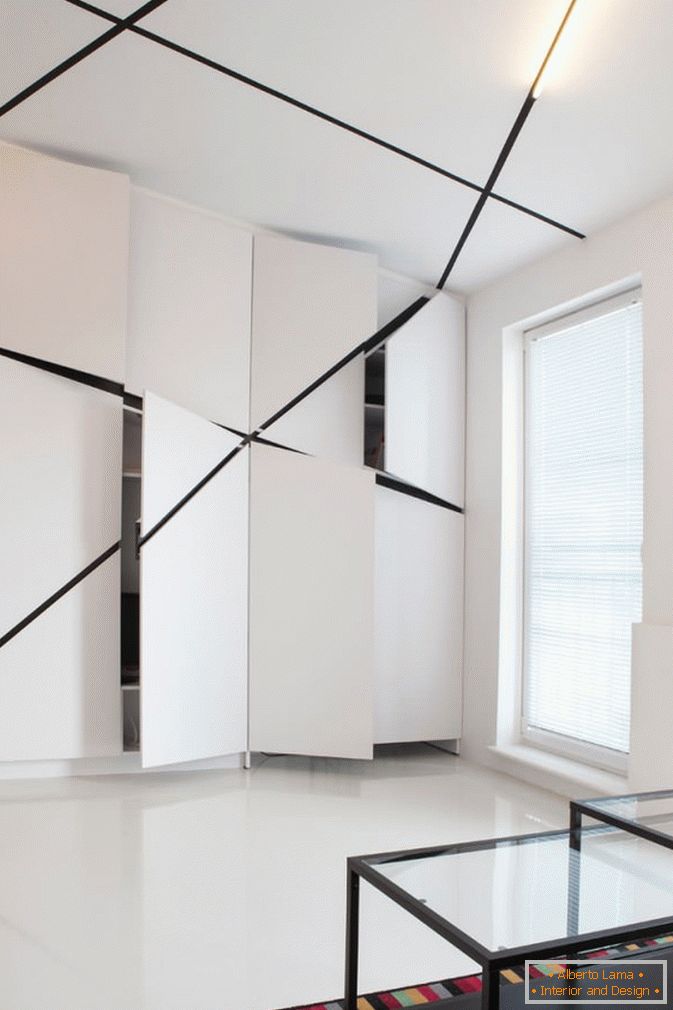 Dulapuri în sufrageria apartamentelor studio în alb și negru